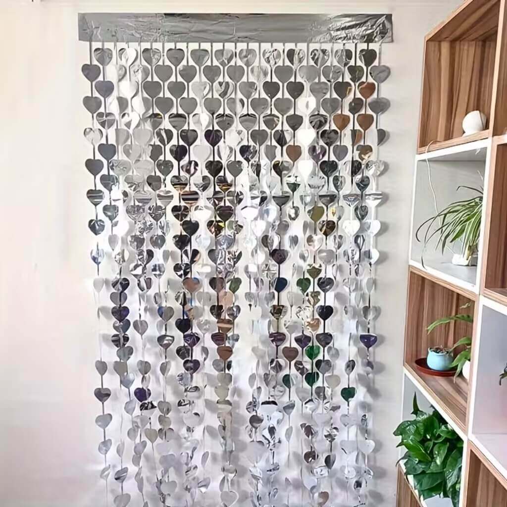 Metallic Heart Tinsel Foil Fringe Curtain - Silver