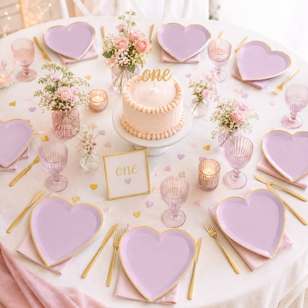 Purple heart paper plates for baby showers and birthdays