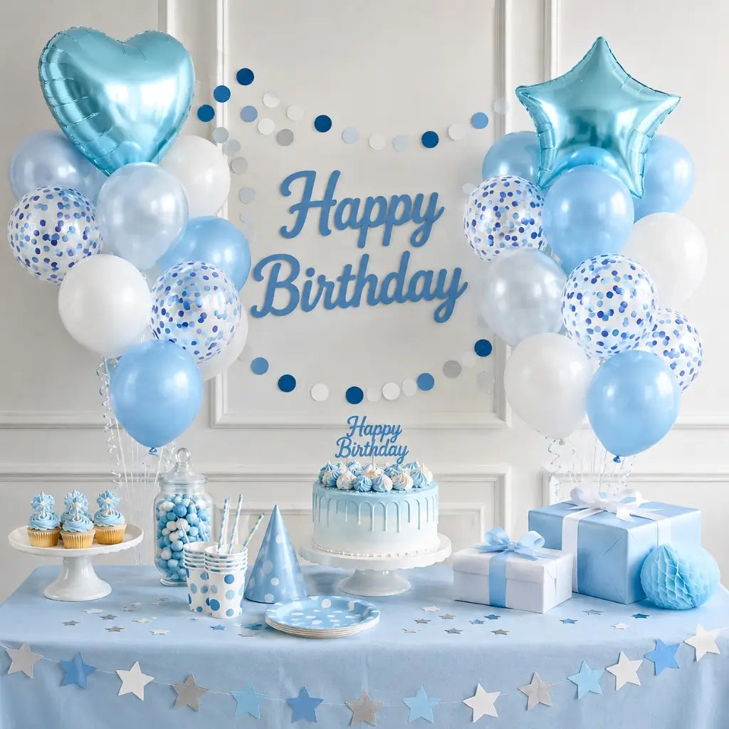 Soft blue heart and star confetti balloon bundle