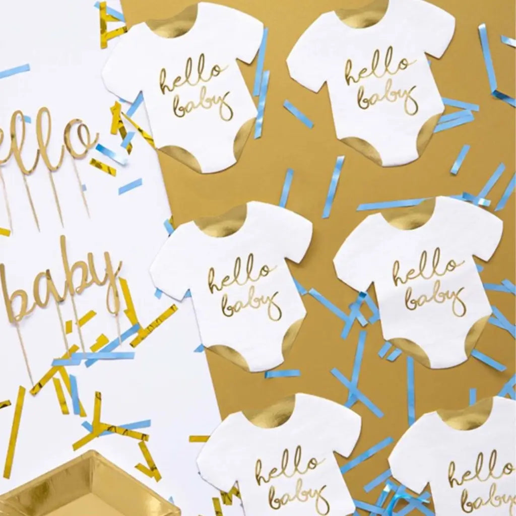 White and gold Hello Baby romper shaped paper napkins