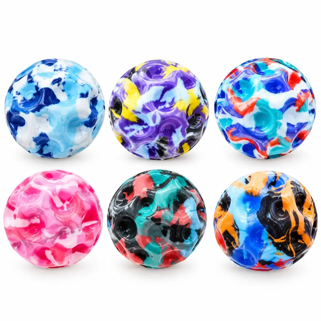 Six assorted high-bounce crater balls with colourful marbled patterns
