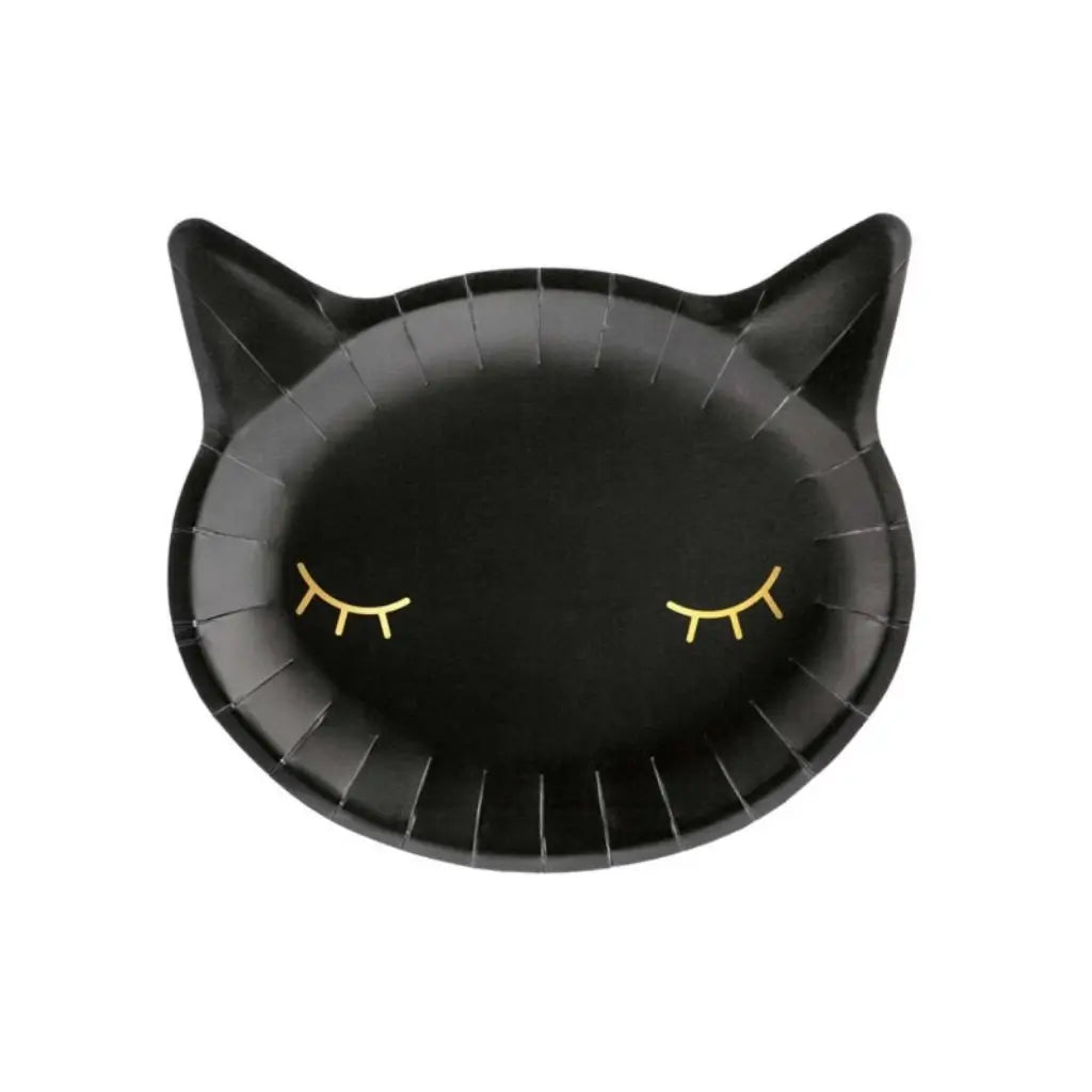 Hocus Pocus black cat-shaped Halloween paper plate with gold eyelashes