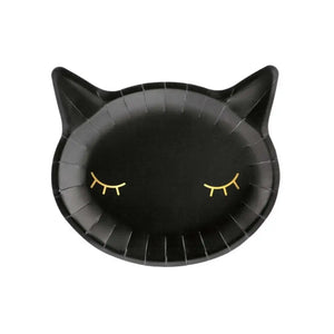 Hocus Pocus black cat-shaped Halloween paper plate with gold eyelashes