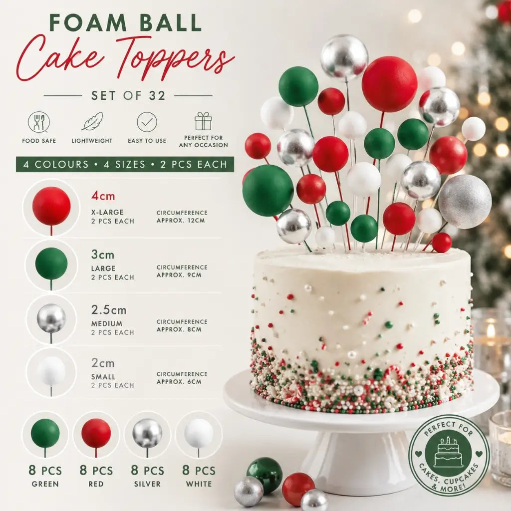 Red green white and silver Christmas cake decorations