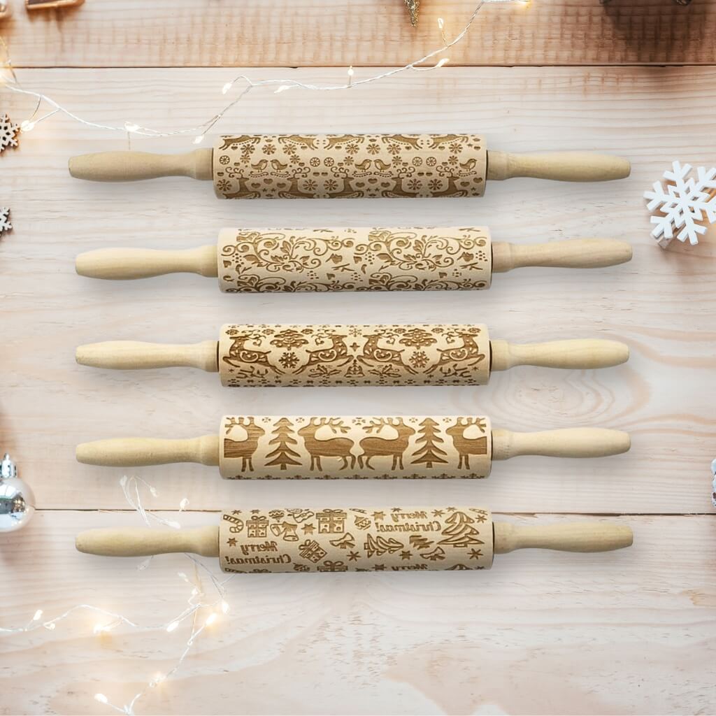 Wooden Christmas embossing rolling pin with engraved patterns