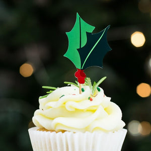 Holly Jolly Christmas Holly and Berry Food Picks 12 pack red and green foil cupcake toppers
