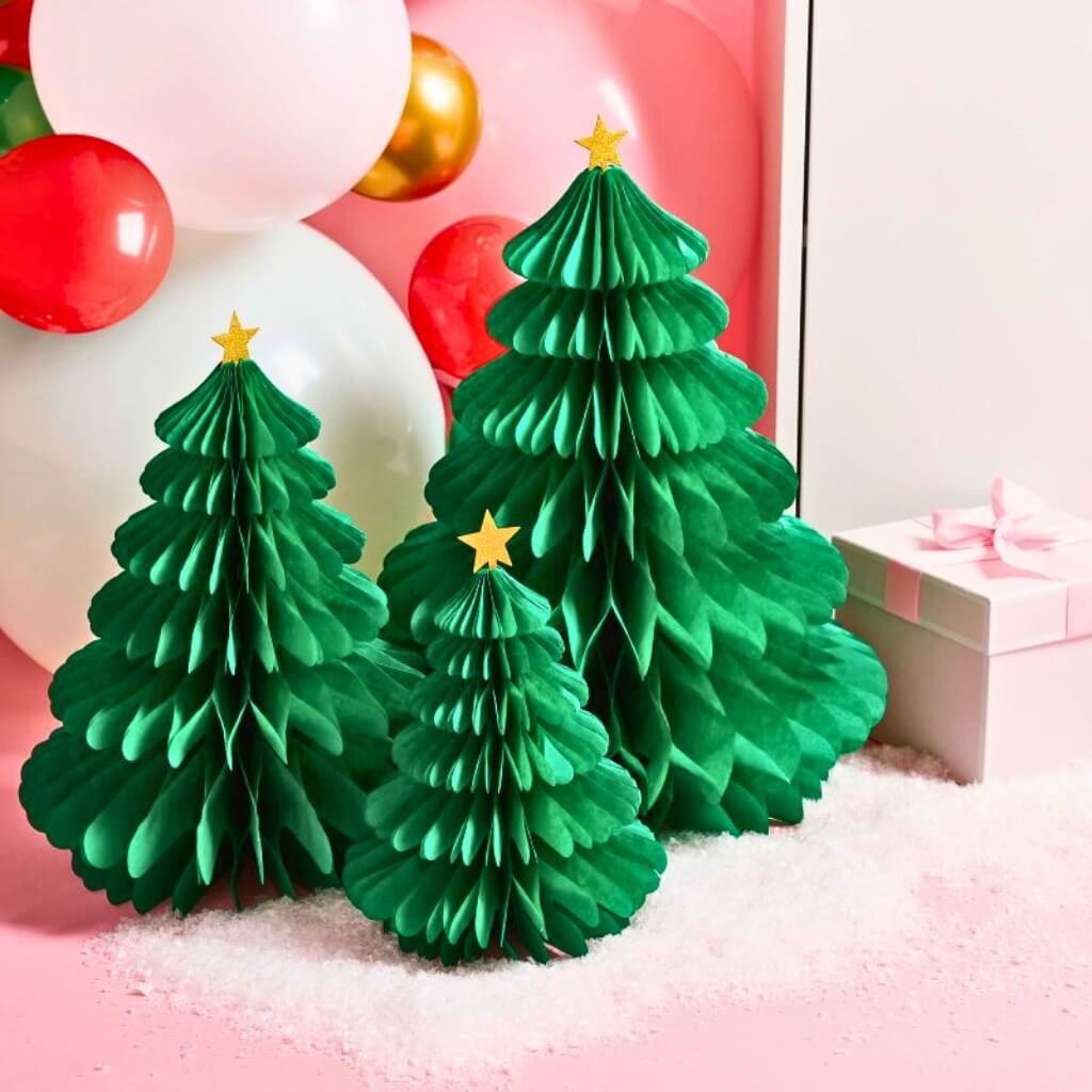 festive green honeycomb trees holiday party table decor