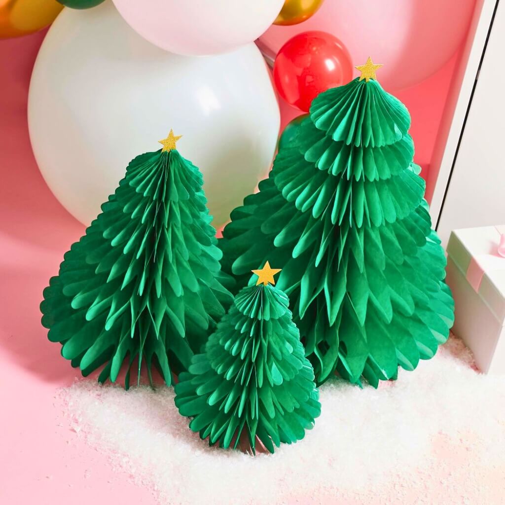 green honeycomb christmas trees set of 3 table decorations