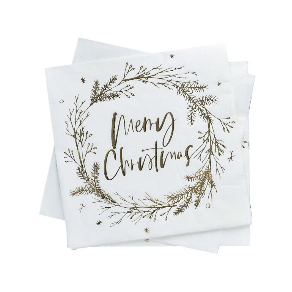 Holly Jolly Christmas Wreath ‘Merry Christmas’ gold foil lunch napkins 16 pack white and gold festive design