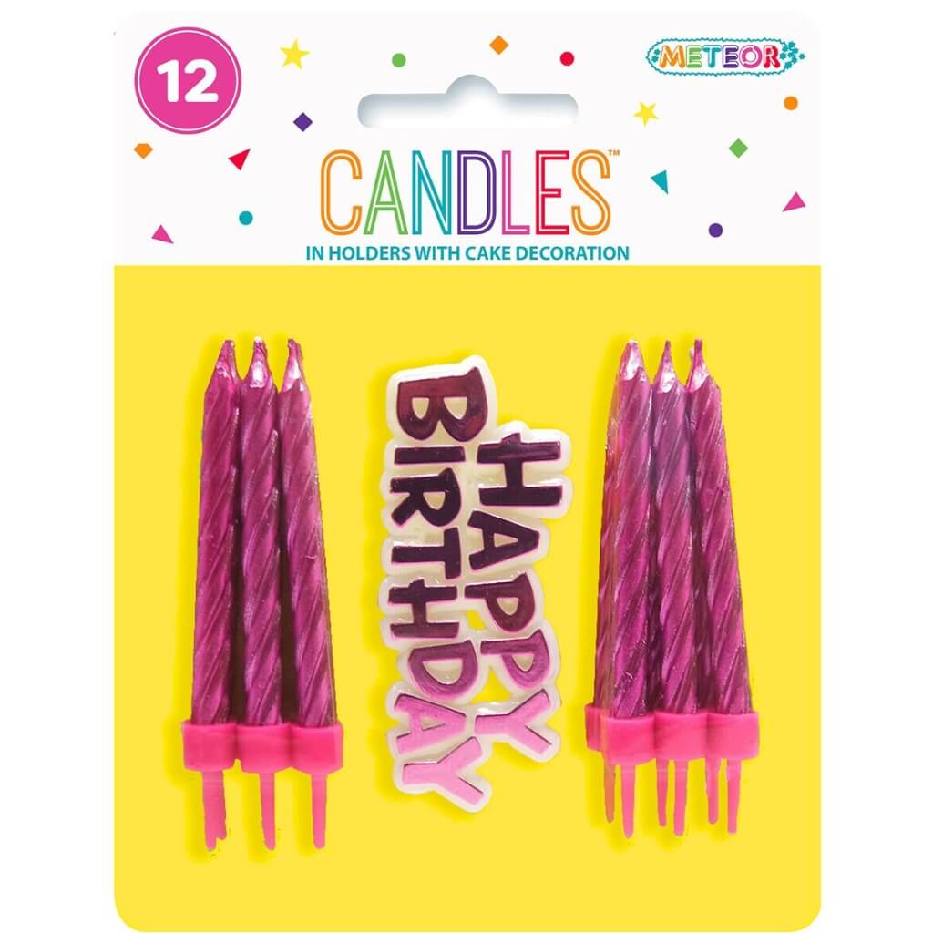 Hot Pink Spiral Candles w/ Happy Birthday Cake Decoration 12pk