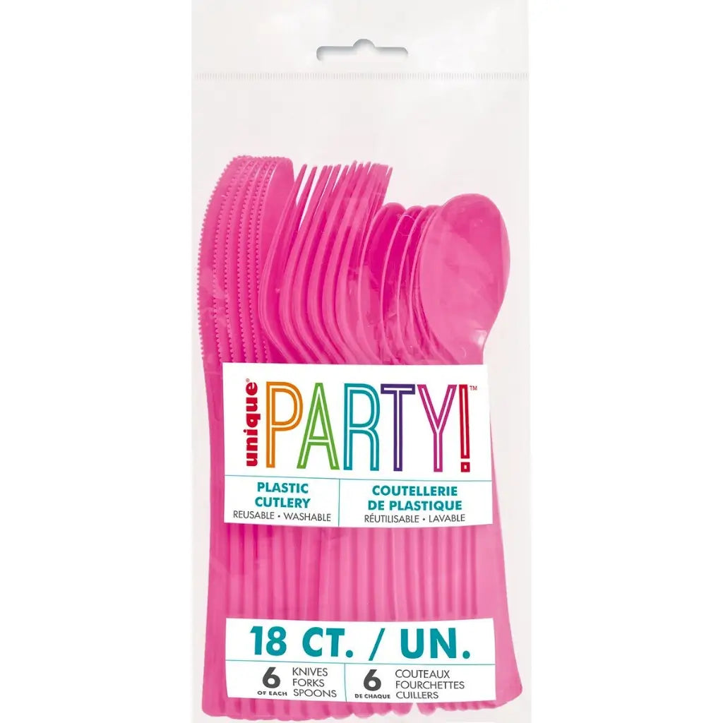 Hot pink reusable plastic cutlery set with six knives, six forks and six spoons