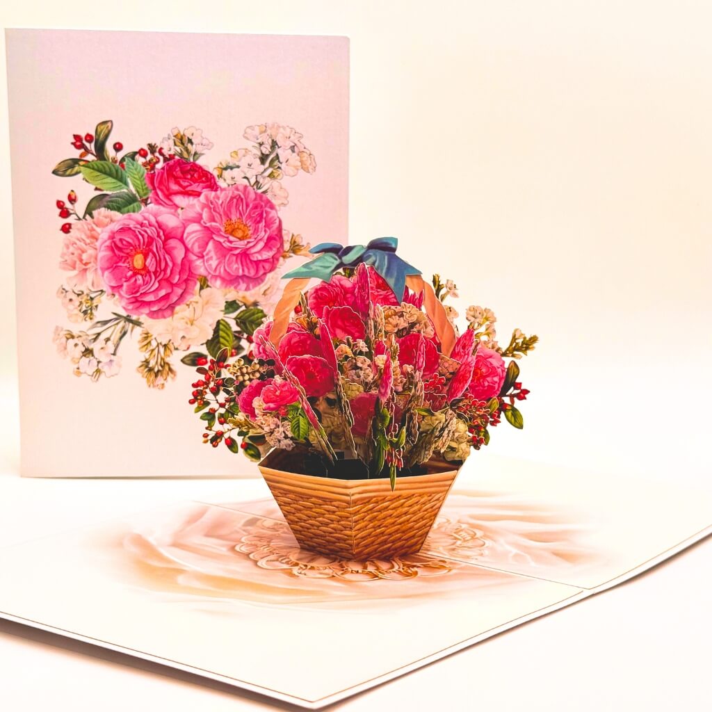Hot Pink &amp; White Peony Rose Basket 3D Origami Pop Up Floral Greeting Card