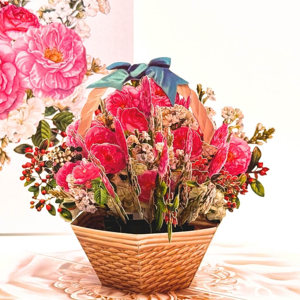 Hot Pink &amp; White Peony Rose Basket 3D Origami Pop Up Floral Greeting Card