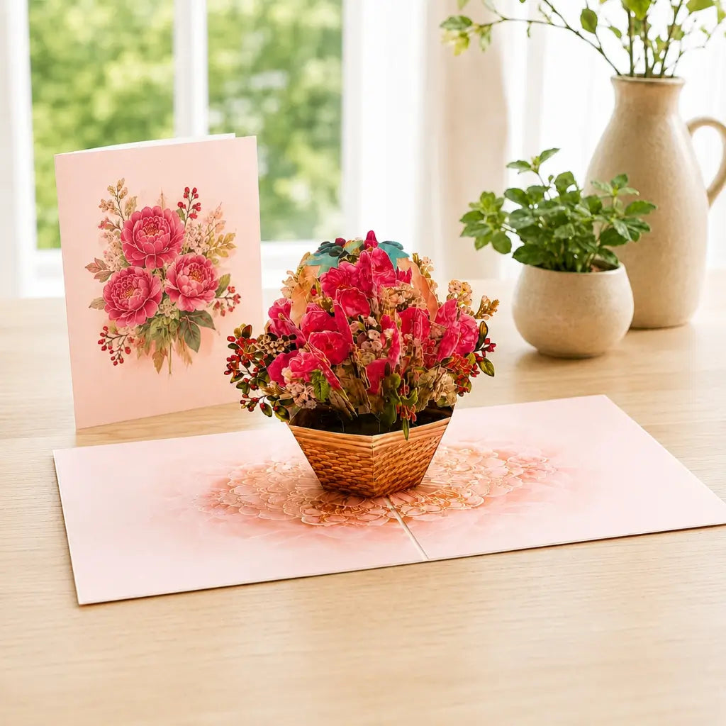 Hot Pink & White Peony Rose Basket 3D Pop Card