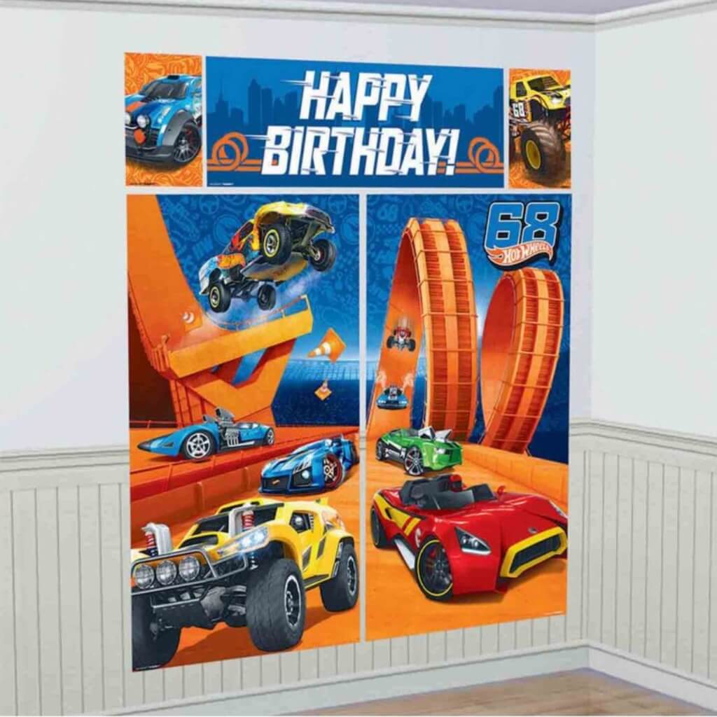 Pack of 5 Hot Wheels Wild Racer Scene Setter Wall Decorations Kit.