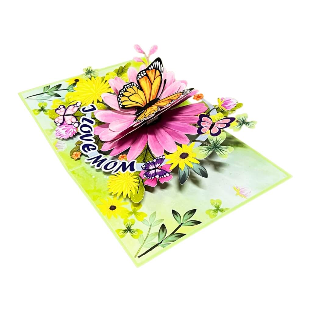 I LOVE MOM Butterfly on Daisy Spring Garden Pop Card