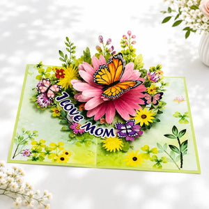 I LOVE MOM Butterfly on Daisy Spring Garden Pop Card