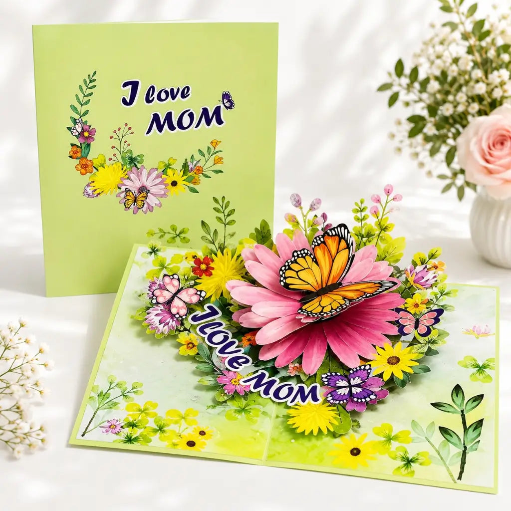 I LOVE MOM Butterfly on Daisy Spring Garden Pop Card