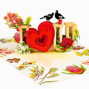 Romantic red heart pop-up card with birds