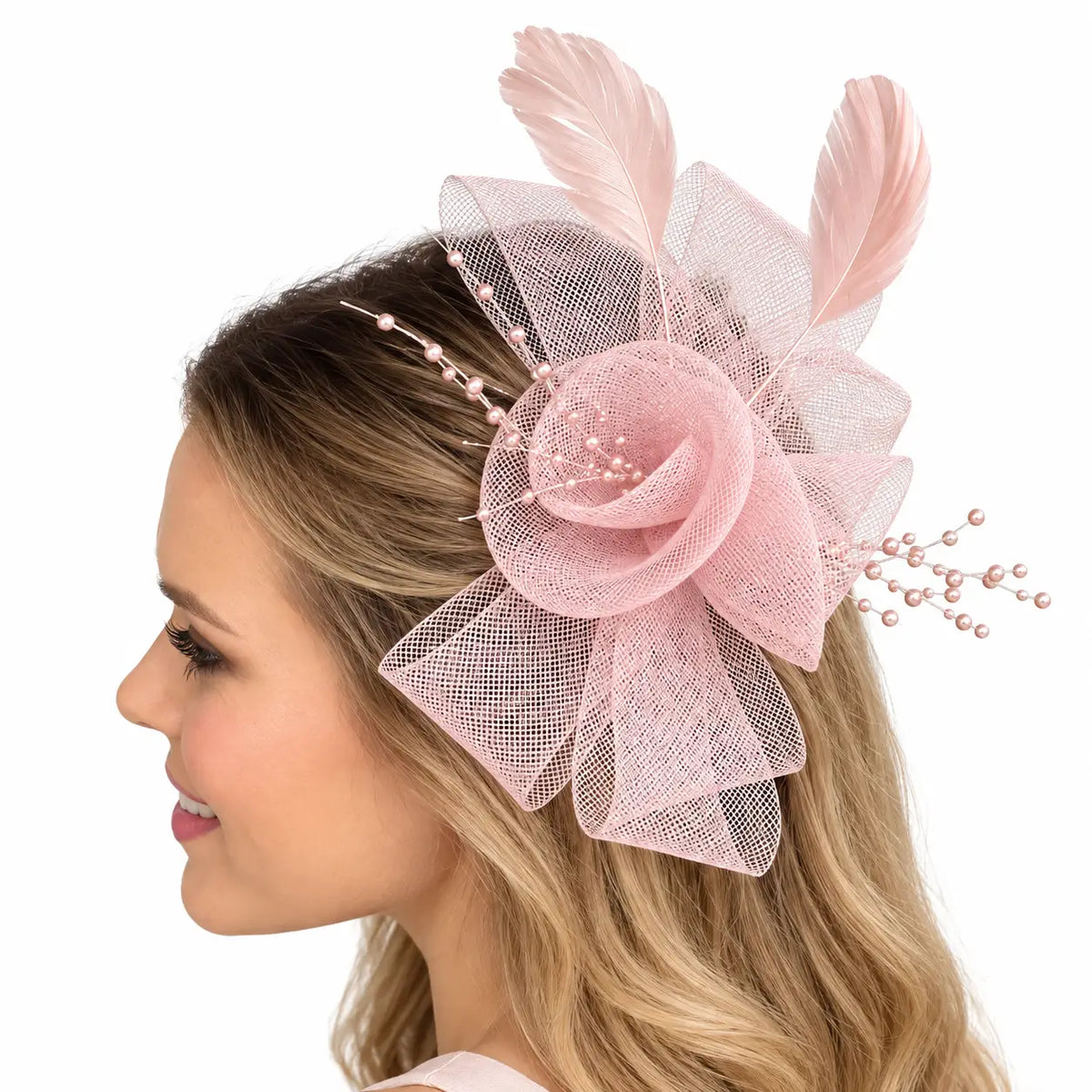 Dusty pink mesh fascinator clip with soft feather details