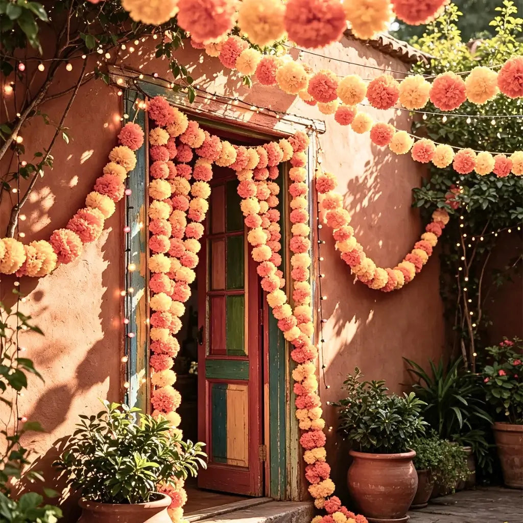 fluffy yellow and orange pom poms on a traditional Indian decorative garland