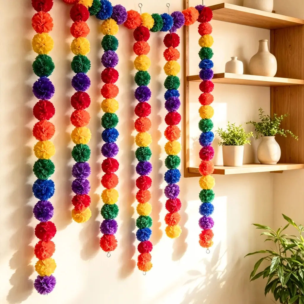  Indian traditional rainbow garland with fluffy multicoloured pom poms 