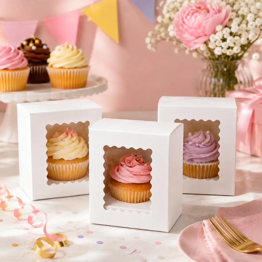 Cake Craft white single hole cupcake box with clear window.