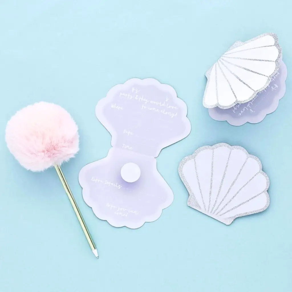Under the sea themed party invitations with shimmering shell design