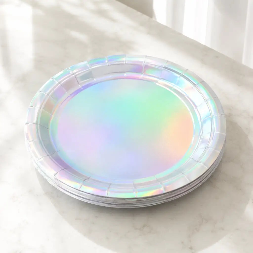 Iridescent silver holographic paper party plates 23cm pack of 6