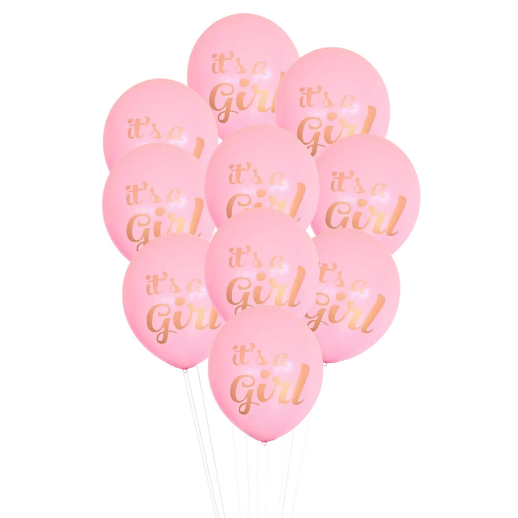 Gender reveal its a girl latex balloons pink with gold lettering
