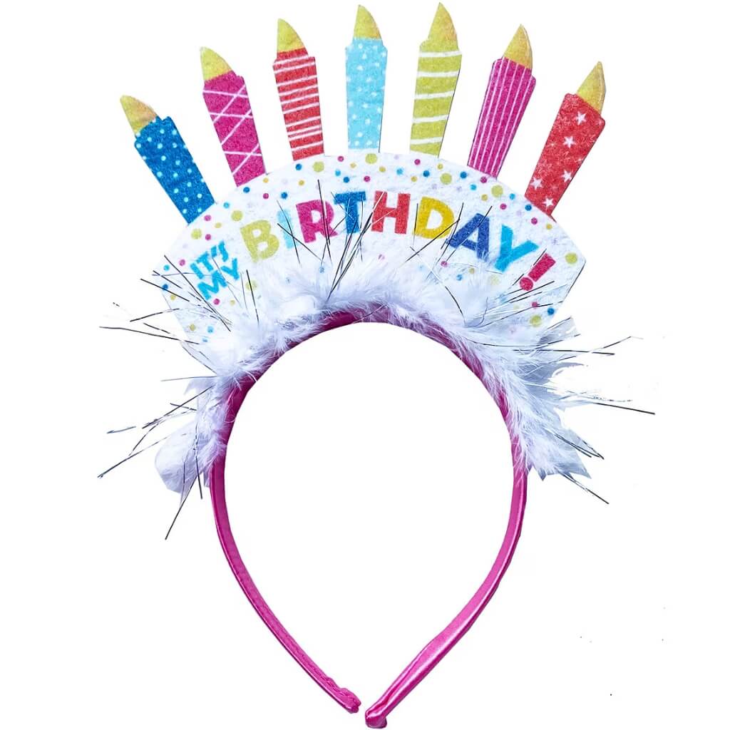 It’s My Birthday cake felt headband with colourful candles & feathers