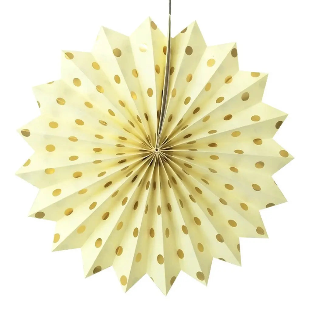 Ivory Gold Polka Dot Hanging Paper Fan 30cm