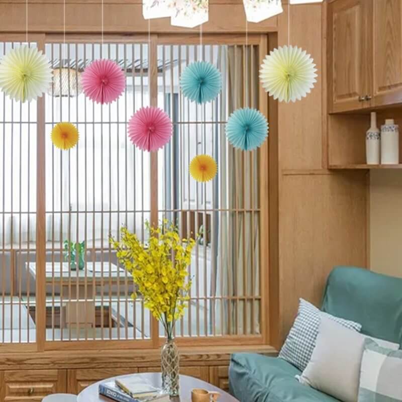 Ivory Yellow Pink & Blue Hanging Decorative Paper Fan 4 Pack