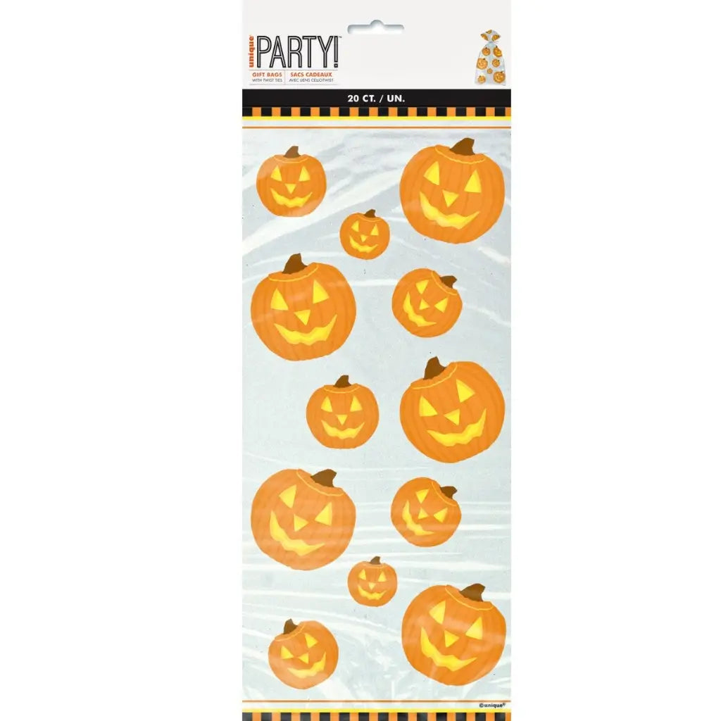 Clear Halloween lolly bags with orange pumpkins and silver twist ties