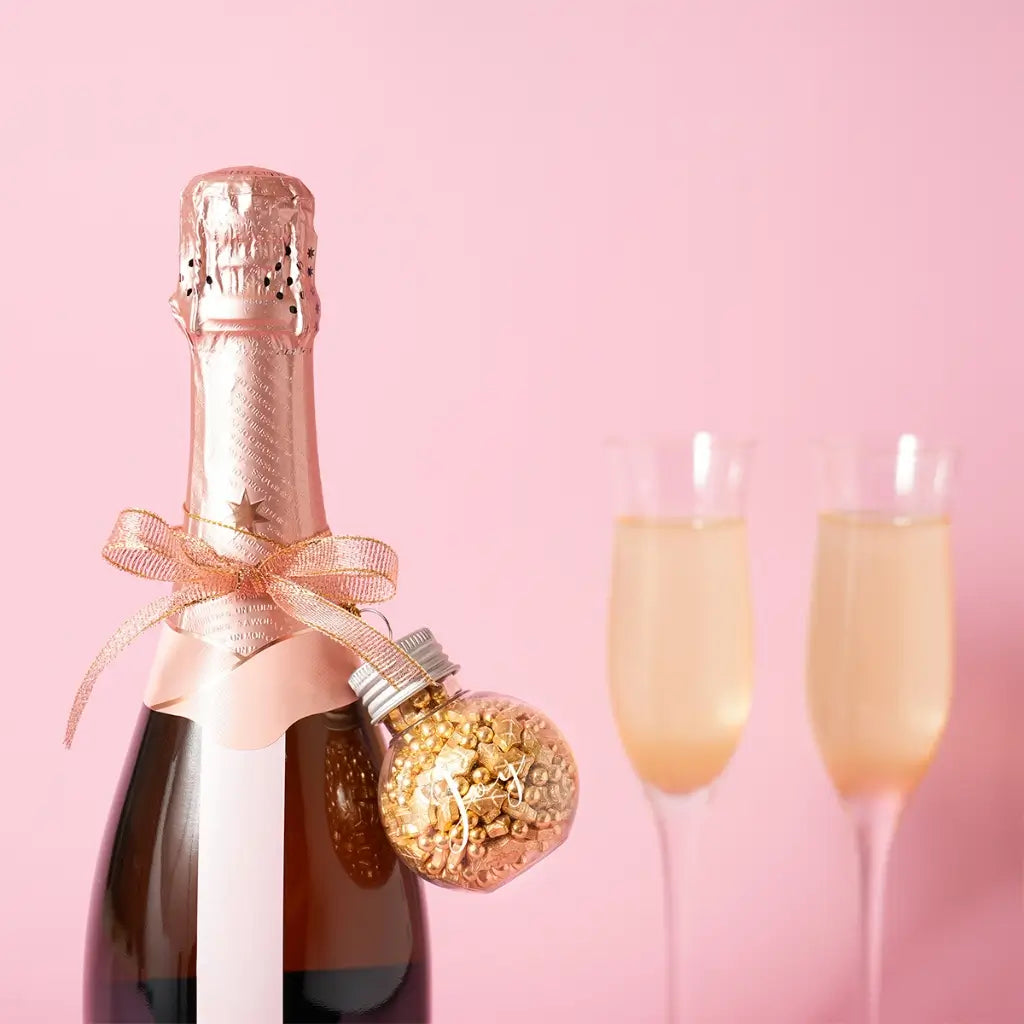Glass JOY bauble filled with gold sprinkles and a hanging cord on bottle
