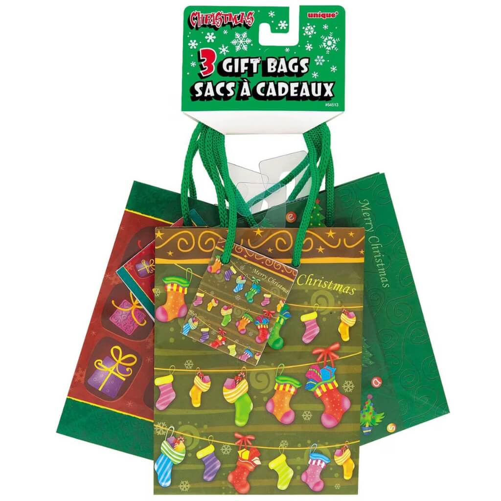 Joyful Christmas Glossy Gift Bags 3pk – Small Red & Green Tote Bags