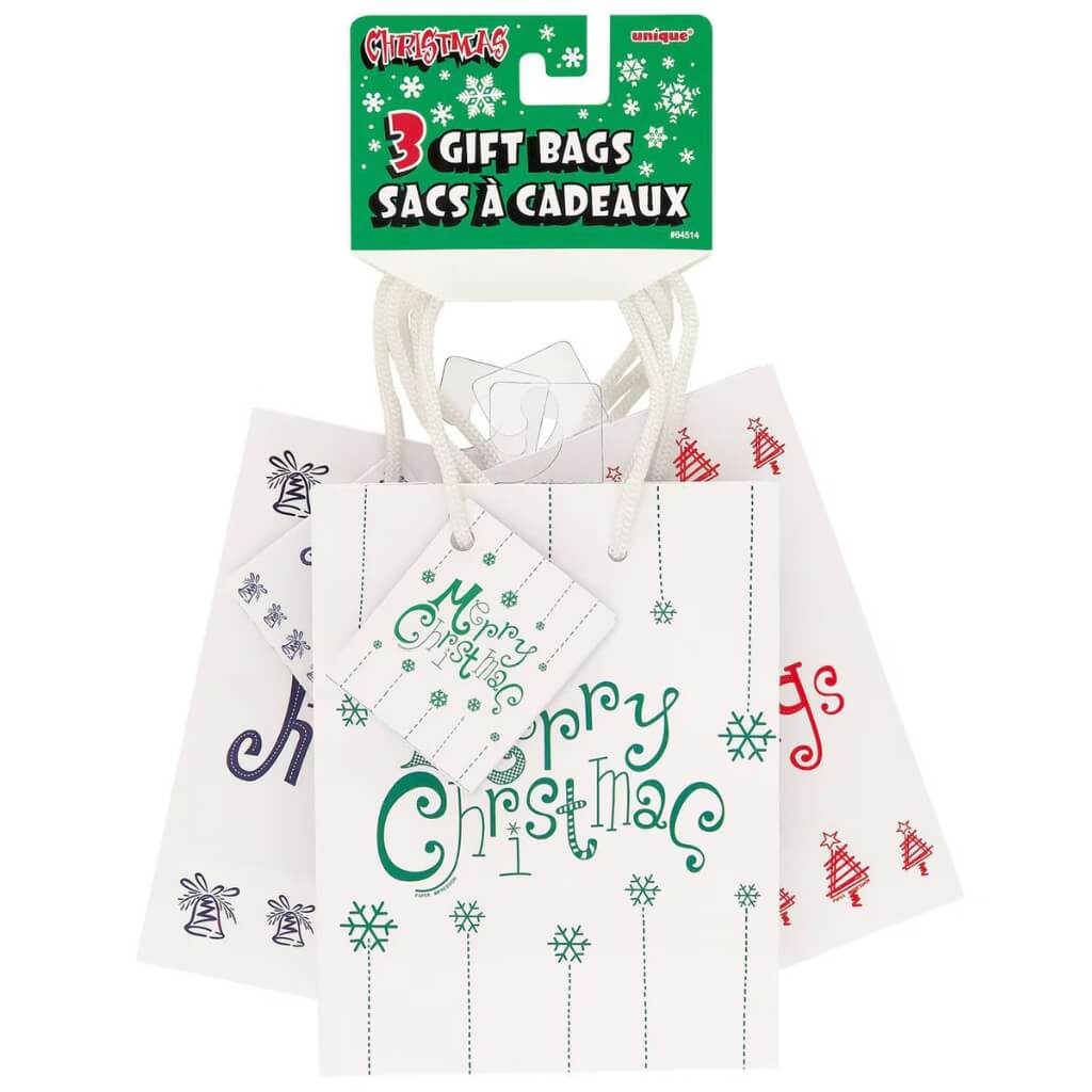 White Christmas Glossy Gift Bags 3pk – Small White Tote Bags with Tags