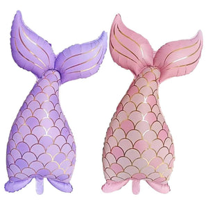 Pastel pink and purple mermaid tail foil balloons for ocean themed parties