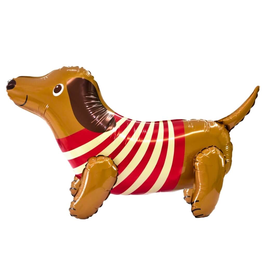 Foil balloon shaped like a dachshund with a red and white striped sweater on a white background