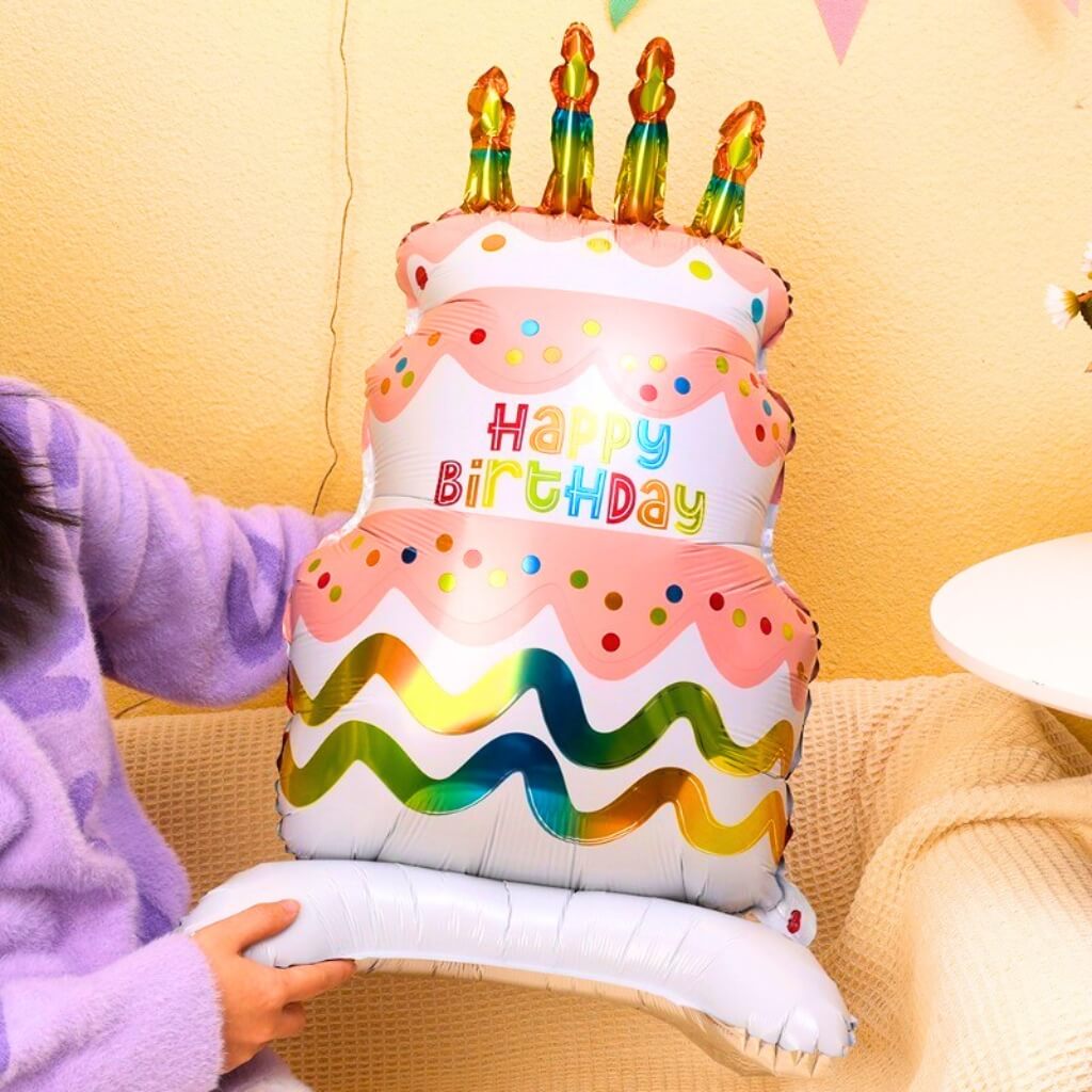 Jumbo 3D Pastel Pink Birthday Cake Foil Balloon – 88x49cm | Standing Cake Balloon with Candles