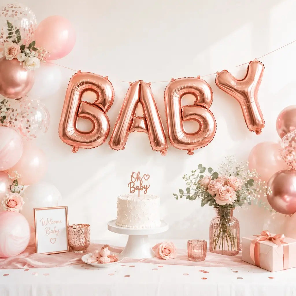 40-inch Jumbo Rose Gold BABY Foil Balloon Banner.