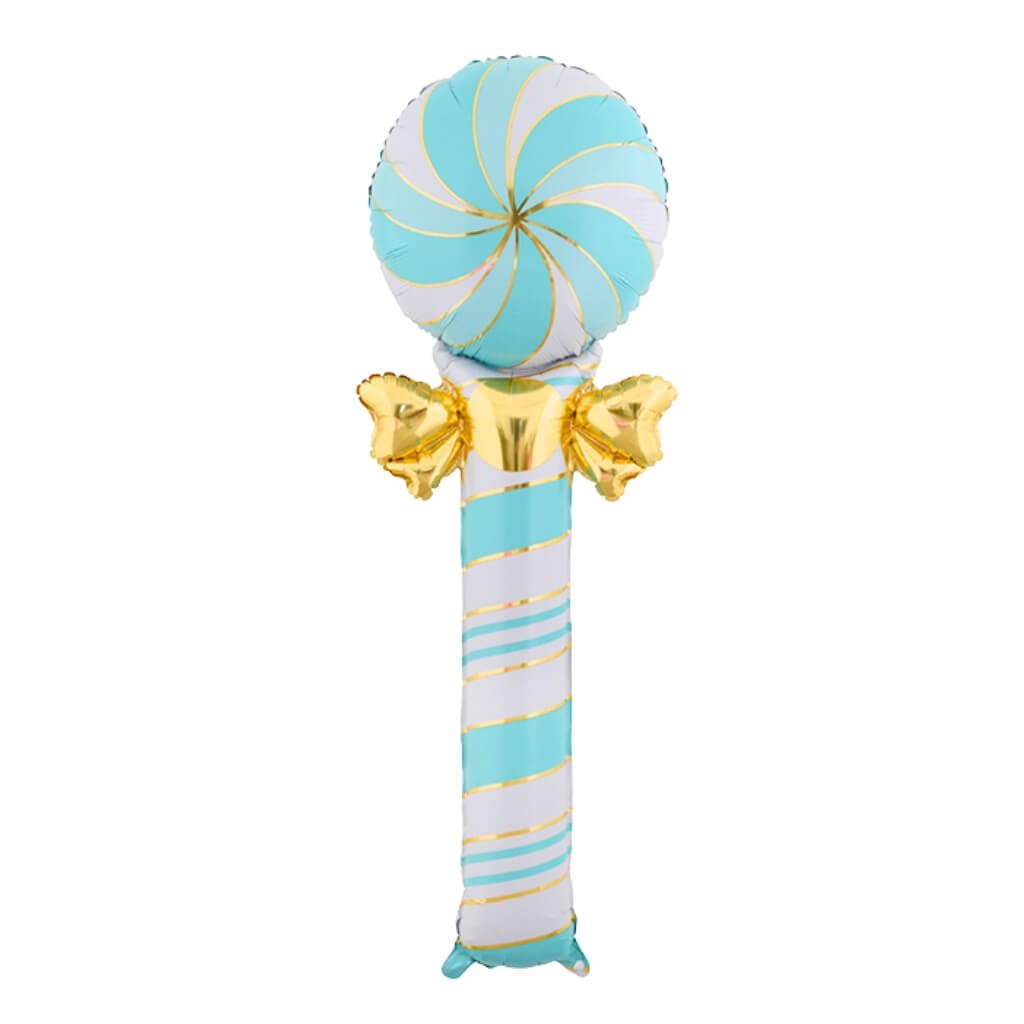 Blue & White Striped Lollipop with Ribbon Foil Balloon