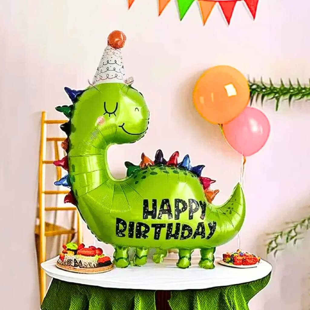 Two dinosaur-shaped balloons with 'Happy Birthday' text on a white background
