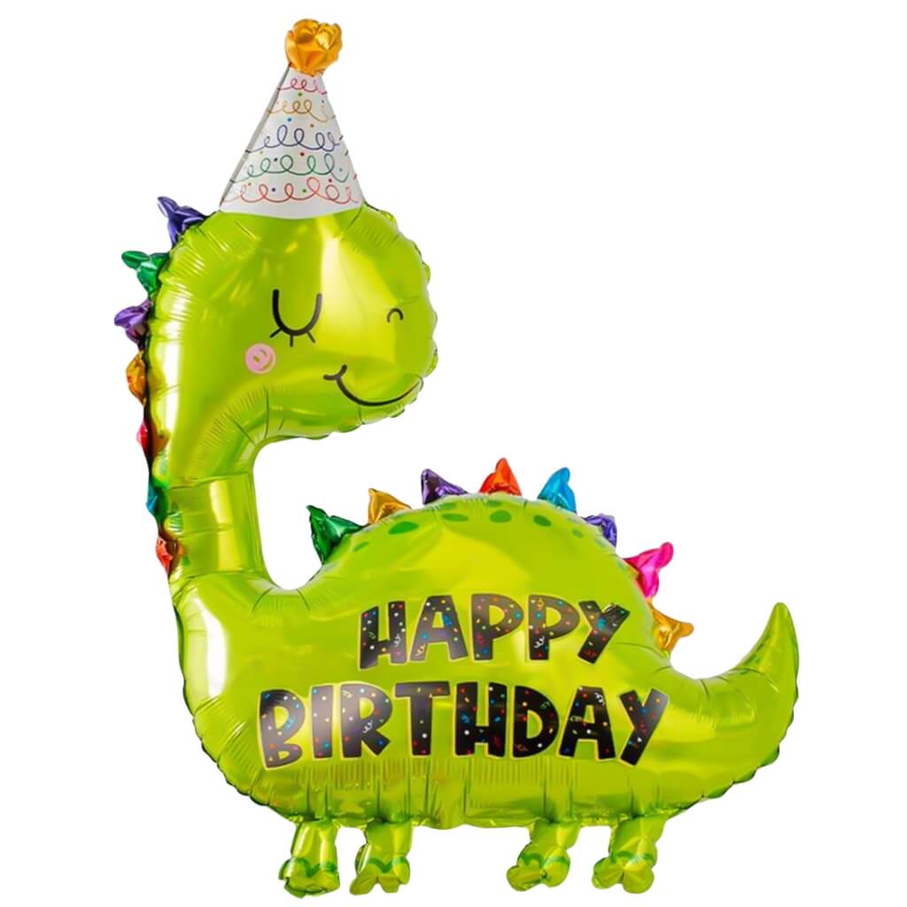 Green dinosaur-shaped balloon with 'Happy Birthday' text and a party hat on a white background