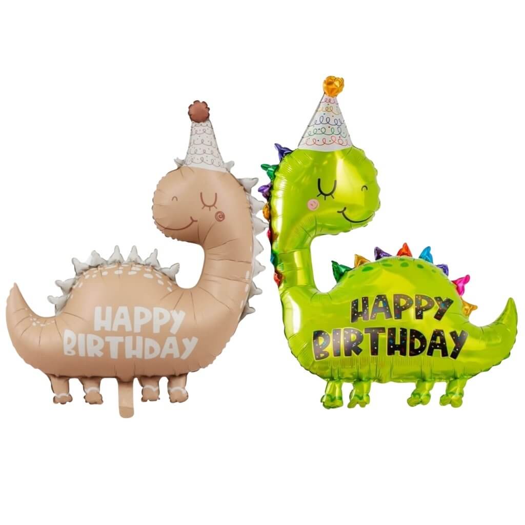 Two dinosaur-shaped balloons with 'Happy Birthday' text on a white background