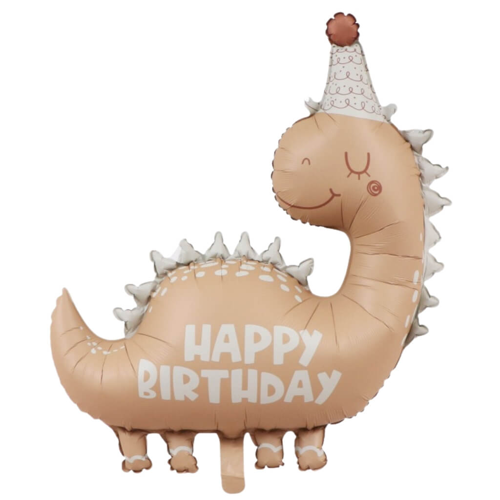 Two dinosaur-shaped balloons with 'Happy Birthday' text on a white background