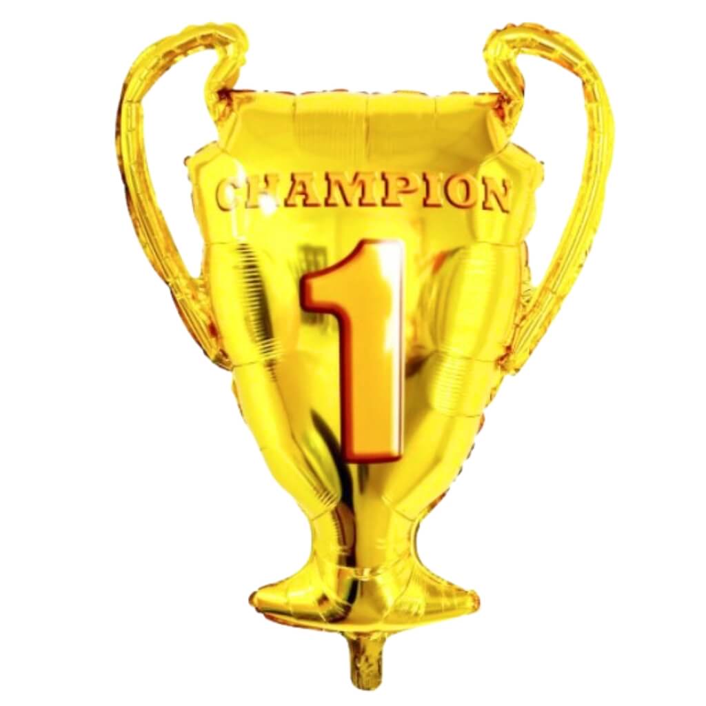 Gold trophy-shaped balloon with 'Champion' and number '1' on a white background