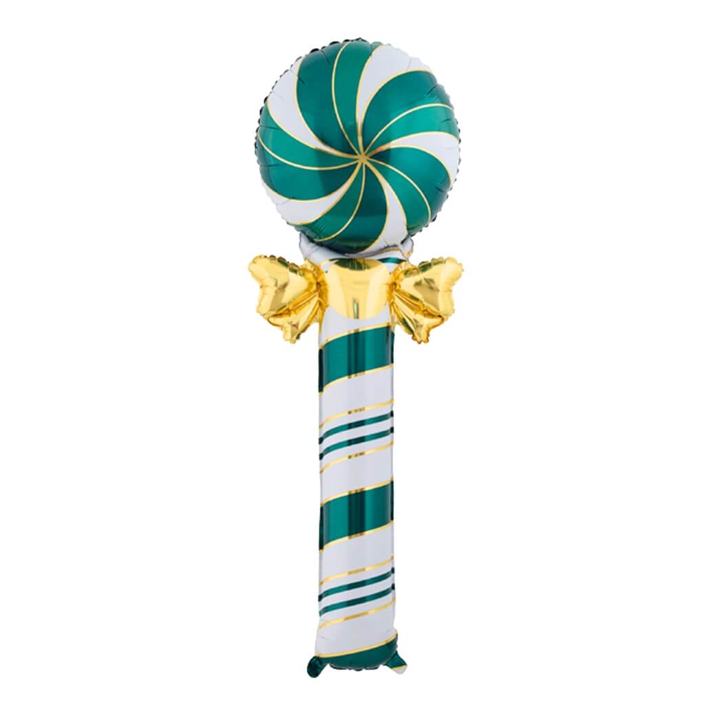Green & White Striped Lollipop with Ribbon Foil Balloon