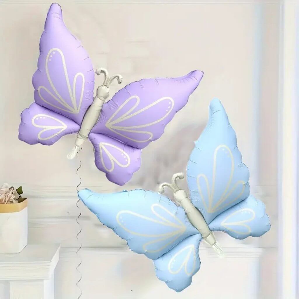 jumbo matte pastel cream, pastel blue, pastel purple, pastel pink butterfly foil balloons