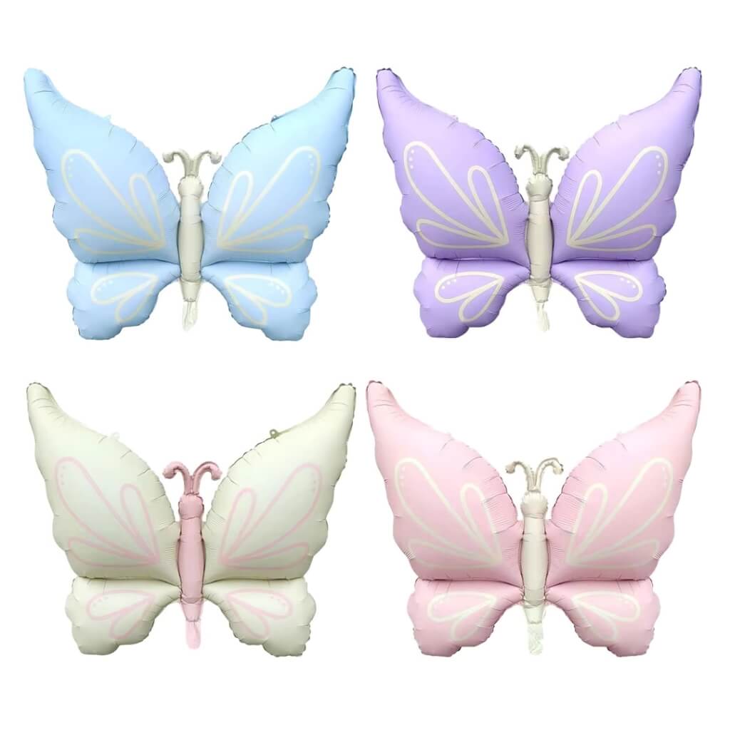 jumbo matte pastel cream, pastel blue, pastel purple, pastel pink butterfly foil balloons